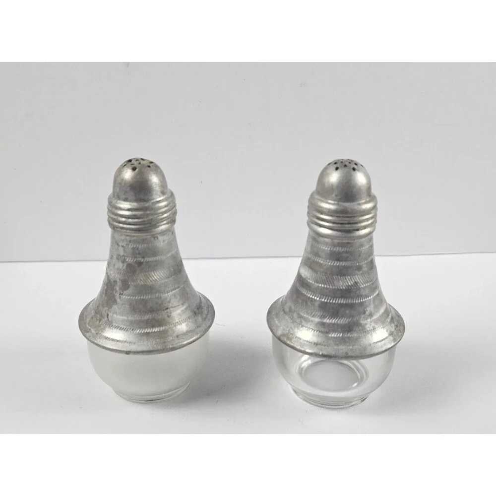 Vintage 1950’s Atomic Light Bulb Shaped Aluminum & Glass Salt & Pepper Shakers